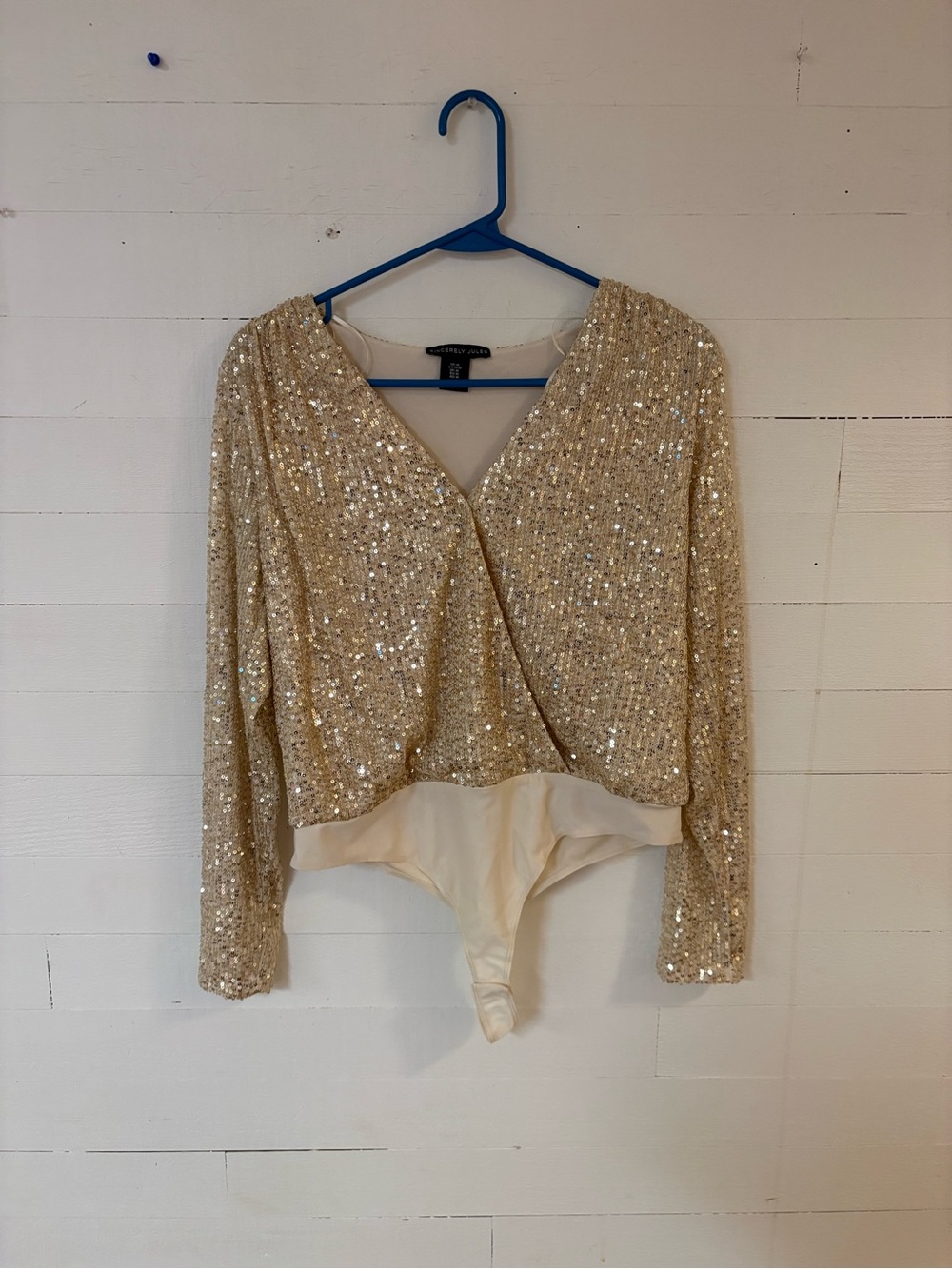 Sincerely Jules Gold Sequin Wrap Bodysuit Long Sleeve Party Top M